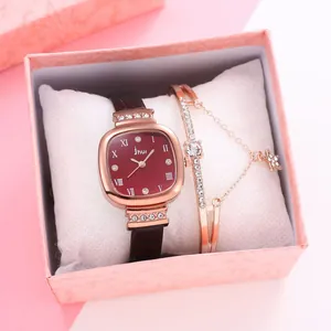 Women Fashion Square Quartz Watch Faux Leather Strap Rhinestone Case Roman Numerals Dial Star Bracelet Box Lady Gift