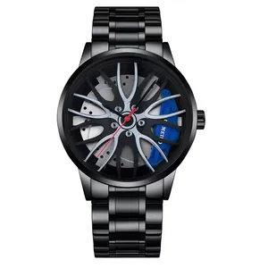 Macro detail of the 3D car rim dial with blue brake caliper and black steel strap