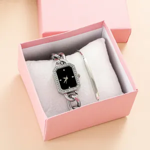 Women Fashion Quartz Watch And Bracelet Set Silver Alloy Rhinestone Square Dial Ladies Wristwatch Jewelry Gift For Office