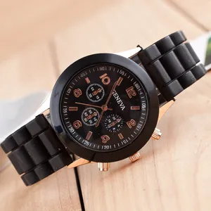 Elegant rose gold and black quartz watch for women with textured silicone strap and markers