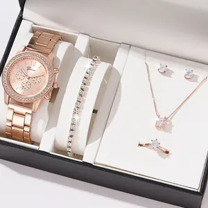Roségoldenes Damenuhren-Set mit Kristallarmband, Kette, Ring und Ohrringen in Geschenkbox