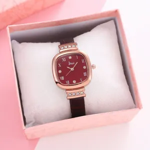 Elegant square quartz watch with burgundy dial and rhinestones in a gift box