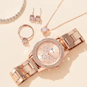 5-teiliges Damenuhren-Set in Roségold mit Kristallkette, Ring, Ohrringen und Armband