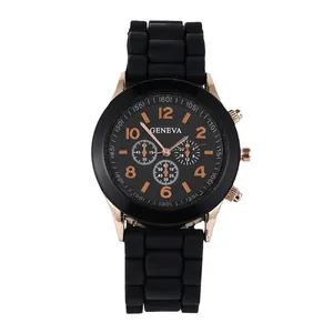 Geneva quartz watch with black silicone strap and rose gold metal case for women