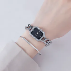 Silver square watch set with zircon bezel and cuban chain bracelet for women