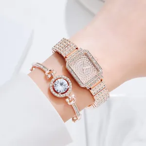 Elegante set orologio quadrato oro rosa e bracciale con cristalli luccicanti da donna