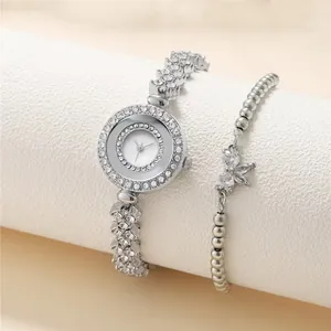 Elegante set orologio al quarzo argento e bracciale con cristalli da donna