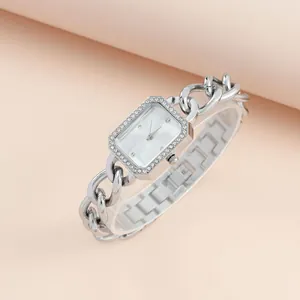 Silver square watch with rhinestone bezel and link chain bracelet for women