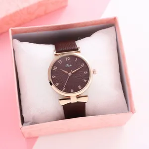Women's quartz watch with brown leather strap and rose gold case in a pink gift box