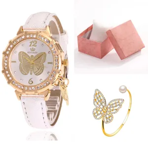 Coffret montre quartz femme et bracelet papillon doré avec boîte cadeau rose