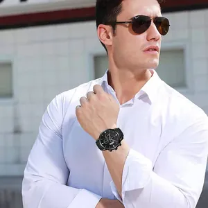 Men's chronograph watch with black dial and three-eye design on a male model's wrist