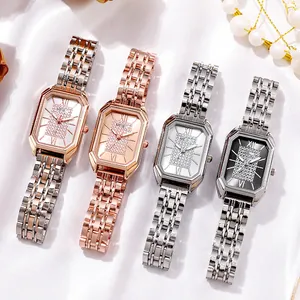 Orologio al Quarzo da Donna Cassa Ottagonale Rettangolare Quadrante Cielo Stellato con Strass Numeri Romani Cinturino in Metallo Elegante