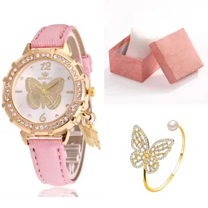 Montre en cuir rose avec cadran papillon et ensemble de bracelet assorti en strass