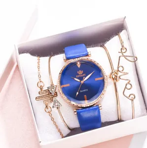 Coffret montre femme à quartz avec bracelet en cuir PU bleu et bijoux en or rose