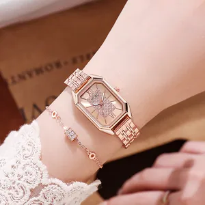 Elegante orologio quadrato in oro rosa con quadrante in diamanti e bracciale set