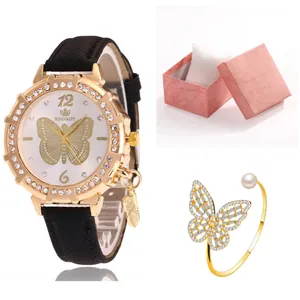 Montre à Quartz de Mode pour Femme avec Strass Cadran Papillon Montre Analogique et Bracelet Papillon et Boîte Cadeau Bijoux