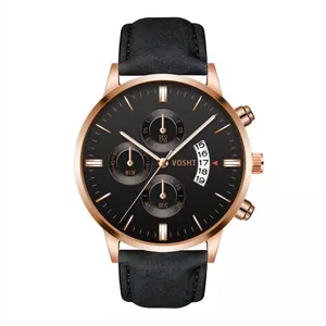 VOSHT Men Business Quartz Watch Fashion Multi Functional Chronograph Date Display Faux Leather Strap Round Dial Alloy Case Wristwatch Gift