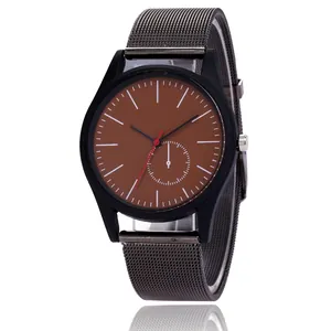 Detail of a men's quartz watch featuring a dark brown dial and metal mesh strap