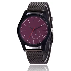 Men's business watch with burgundy dial, black case and mesh steel strap on white background