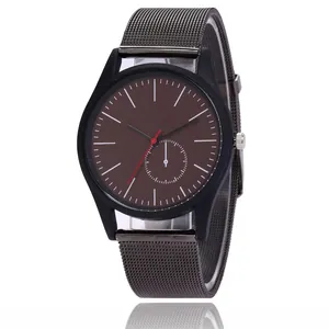 Close-up of business quartz watch with brown dial, red second hand and grey mesh strap
