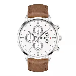 Men's VOSHT silver stainless steel chronograph watch with white dial and brown leather strap