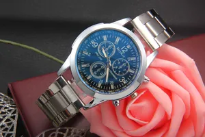 Detailed close-up of men's business quartz watch with blue dial on rose gift box background