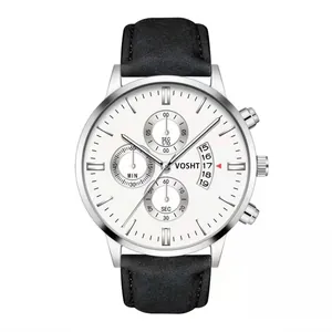 Detail of white dial chronograph watch with date window and black leather strap