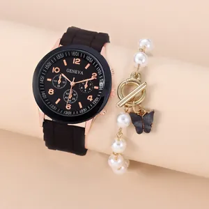 Damen Mode Quarzuhr Und Armband Set Elegantes Roségold Gehäuse Silikon Armbanduhr Mit Schmetterling Künstliche Perlenimitat Armband Schmuck Kollektion