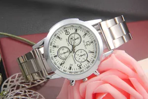 Detail of silver chronograph watch dial with three subdials and 200m water resistance