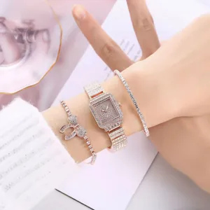 Luxus Roségold Quadratische Uhr Set mit Strasssteinen und Schmetterling Armbändern