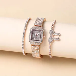 Mode Damen Quadratische Strass Quarzuhr Set Mit 2 Armbändern Luxus Roségold Silber Gold Vollbesetzt Mit Strass Uhr Armband Dreiteiliges Set Schmuck Geschenkbox