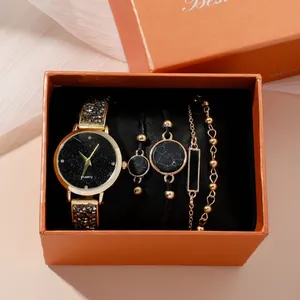 Elegantes 5-teiliges Damen-Quarzuhr-Set mit vier Armbändern in einer orangefarbenen Box
