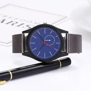 Men's minimalist business watch with navy blue dial and grey stainless steel mesh band