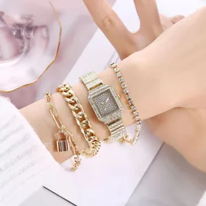 Coffret montre quartz dorée et bracelets avec cadran rectangulaire serti de diamants