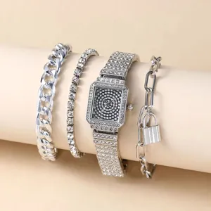 Montre à Quartz Carrée Mode de Luxe pour Femmes Et Bracelets en Strass Bijoux en Alliage pour Cadeau Femme