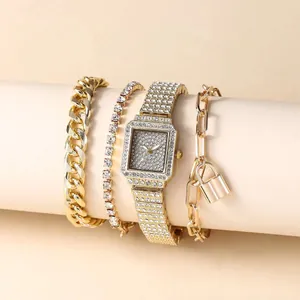 Coffret élégant montre à quartz dorée et 3 bracelets avec strass pour femmes chic