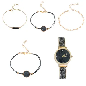 5-teiliges goldenes Damenuhren-Set mit Sternenhimmel-Zifferblatt und Strass-Armband