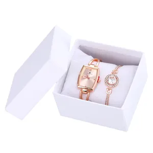 Elegant Rose Gold Women Quartz Watch And Zirconia Bracelet Jewelry Set Rectangular Dial Alloy Jewelry For Daily Dating Gift Box