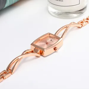 Elegant rose gold rectangular watch for women with twisted rope strap and diamond accent