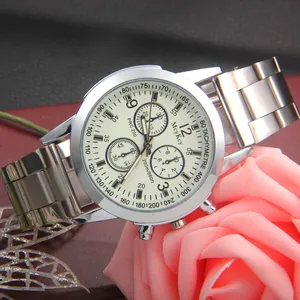 Men's stainless steel chronograph watch with beige dial and silver bracelet strap