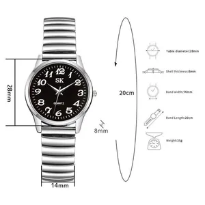 Detailed view of women's quartz watch with silver elastic band and 28mm black dial