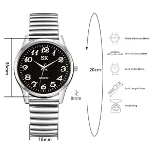 Detailed size chart showing quartz watch 36mm dial diameter and 20cm elastic band specs