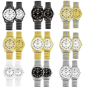 Minimalist quartz couple watches with elastic metal stretch bands in nine assorted colors
