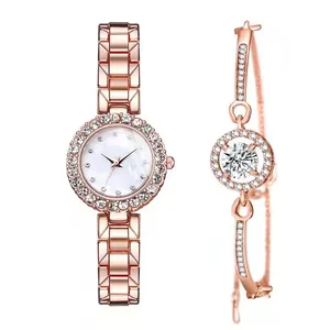 Elegant rose gold women's watch and bracelet set with sparkling rhinestone accents
