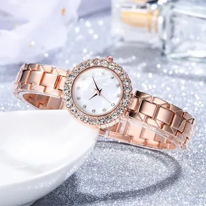 Women's rose gold quartz watch with diamond bezel and mother-of-pearl dial gift set