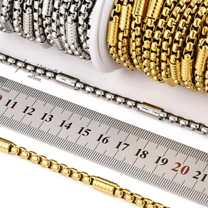 5mm stainless steel box chain with textured cylindrical tubes in gold and silver finish