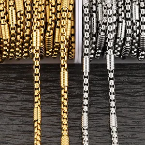 Golden and steel 5mm square box chain with ribbed cylinder beads for DIY jewelry making