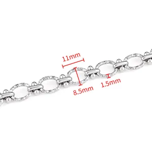 Silver stainless steel oval chain links with bead detail and size measurements