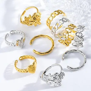 Minimalist Edelstahl Offener Ring Für Damen 18K Gold Silber Beschichtet Herz Blatt Bambus Kette Verstellbar Ring Schmuck