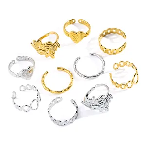 Verstellbare Edelstahlringe Set mit Herz und Olivenblatt Designs in Gold und Silber Finish